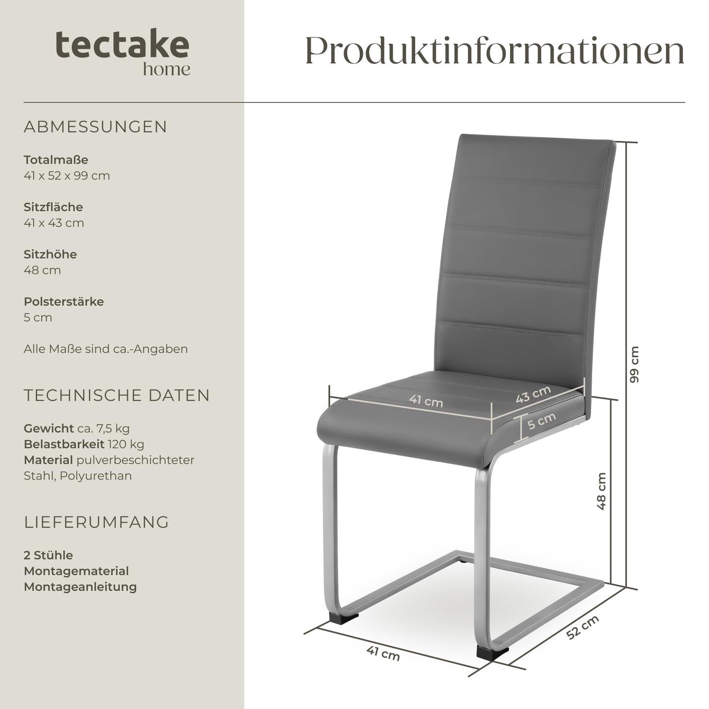 tectake® 2er Set Esszimmerstühle | Modern, bequem und vielseitig einsetzbar (Grau)