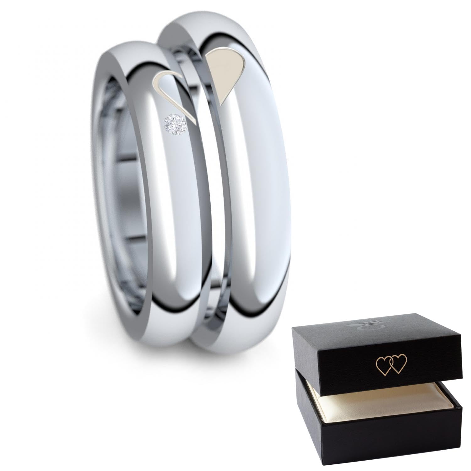 Verlobungsringe (Paar) Silber 925 mit Zirkonia 'GRATIS Etui mit 2 Herzen' (Weißgold-Platin Optik)