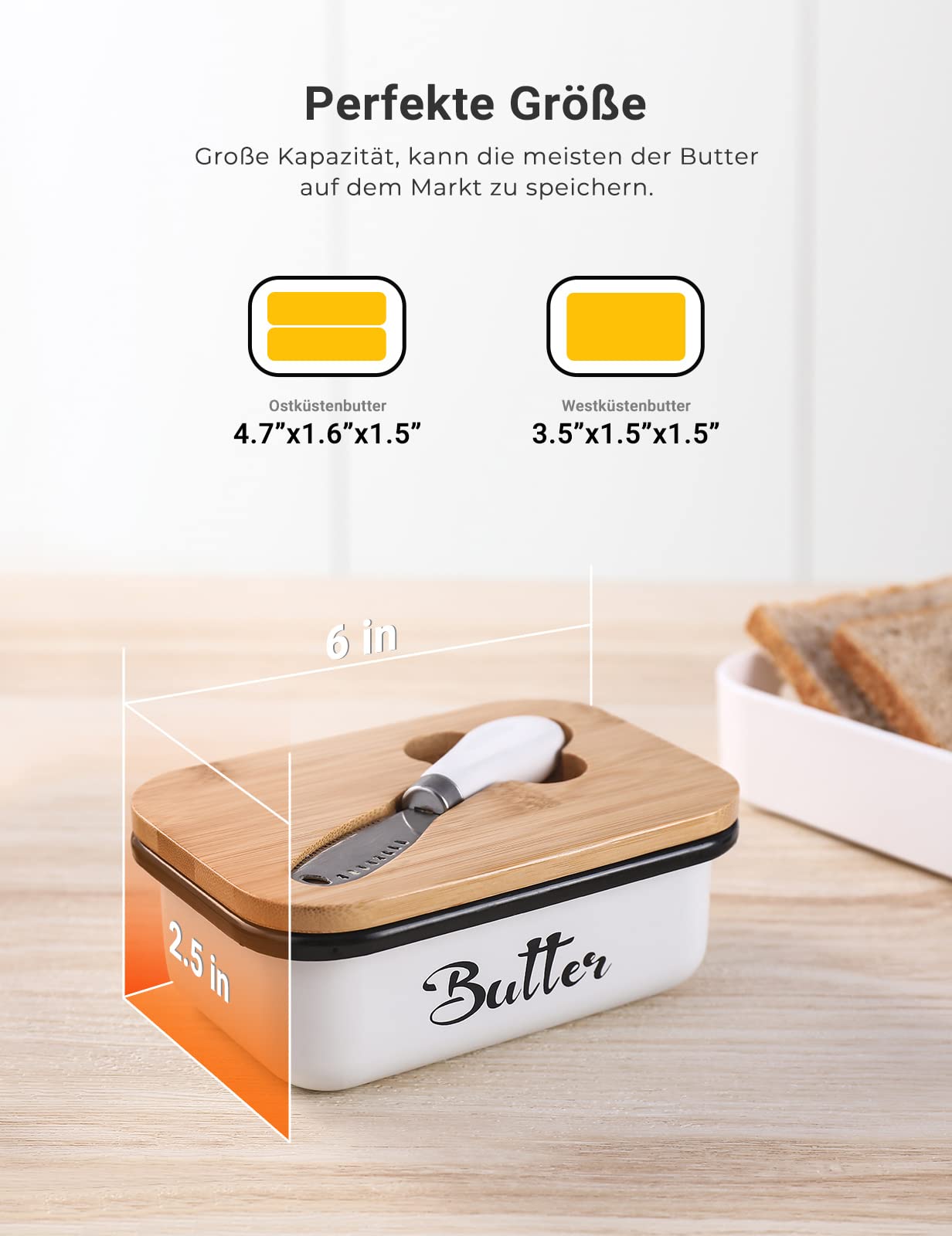 Butterdose mit Holzdeckel für 250g Butter mit multifunktionales Buttermesser