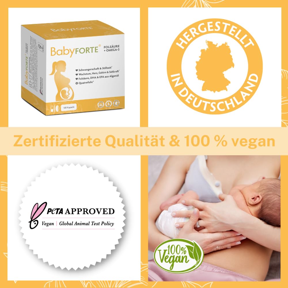 BabyFORTE Schwangerschafts-Vitamine | 180 vegane Kapseln mit Folsäure, DHA, EPA, Jod & Co