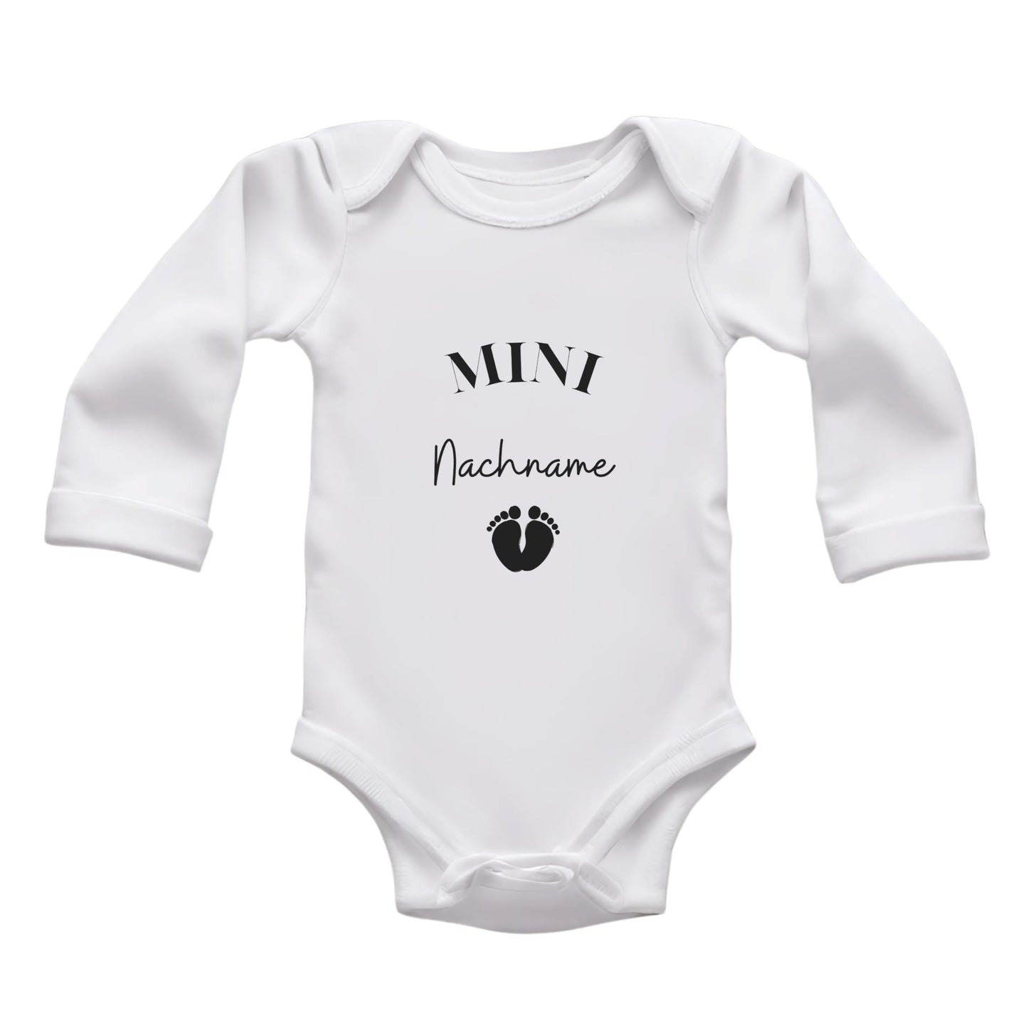 MINI Nachname - Baby Body zur 'Schwangerschaftsverkündung' | Personalisiertes Body: Langarm, Weiß (0-3M)