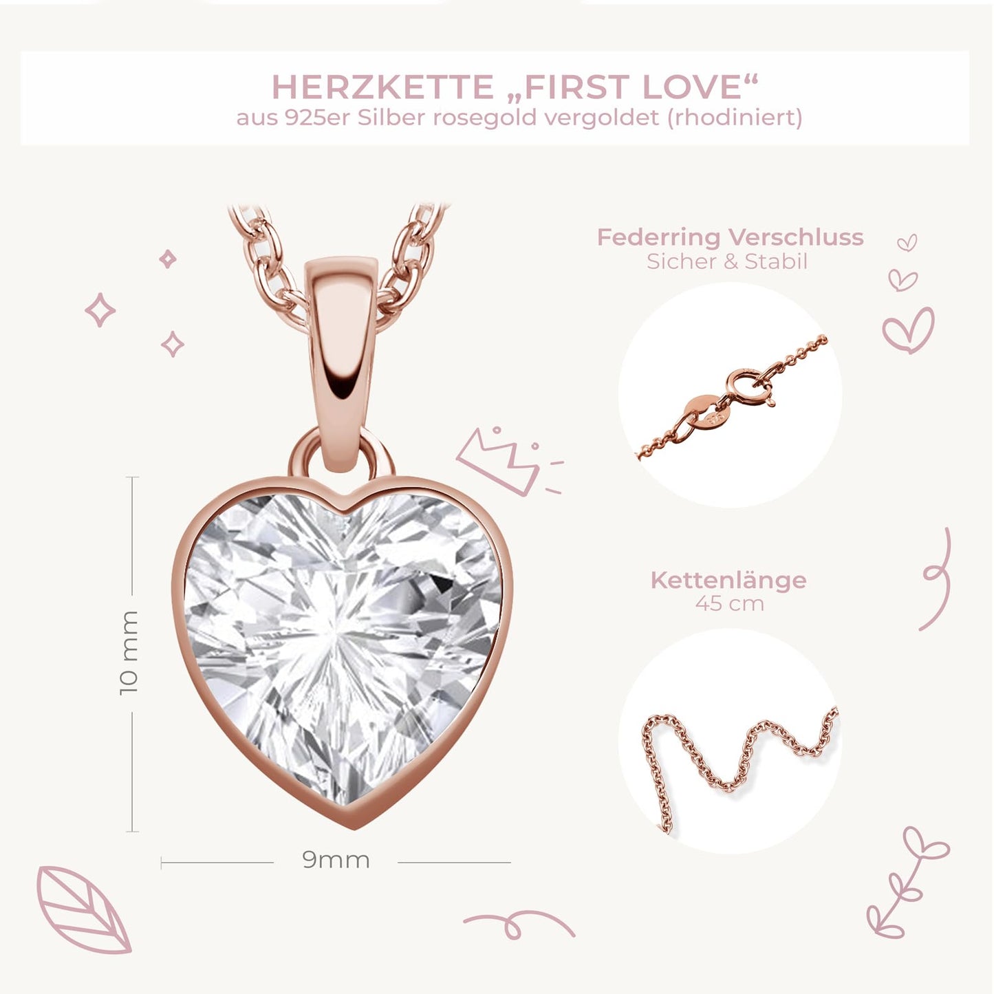 AMOONIC Herzkette für Mädchen (925 Silber) Roségold-vergoldet: Kinderkette mit '45cm' Herzanhänger