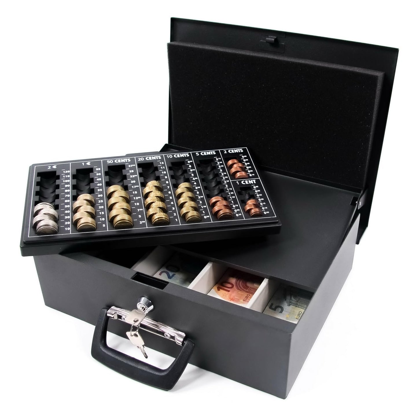 Sturdy steel cash box safe including Euro coin tray: Lockable