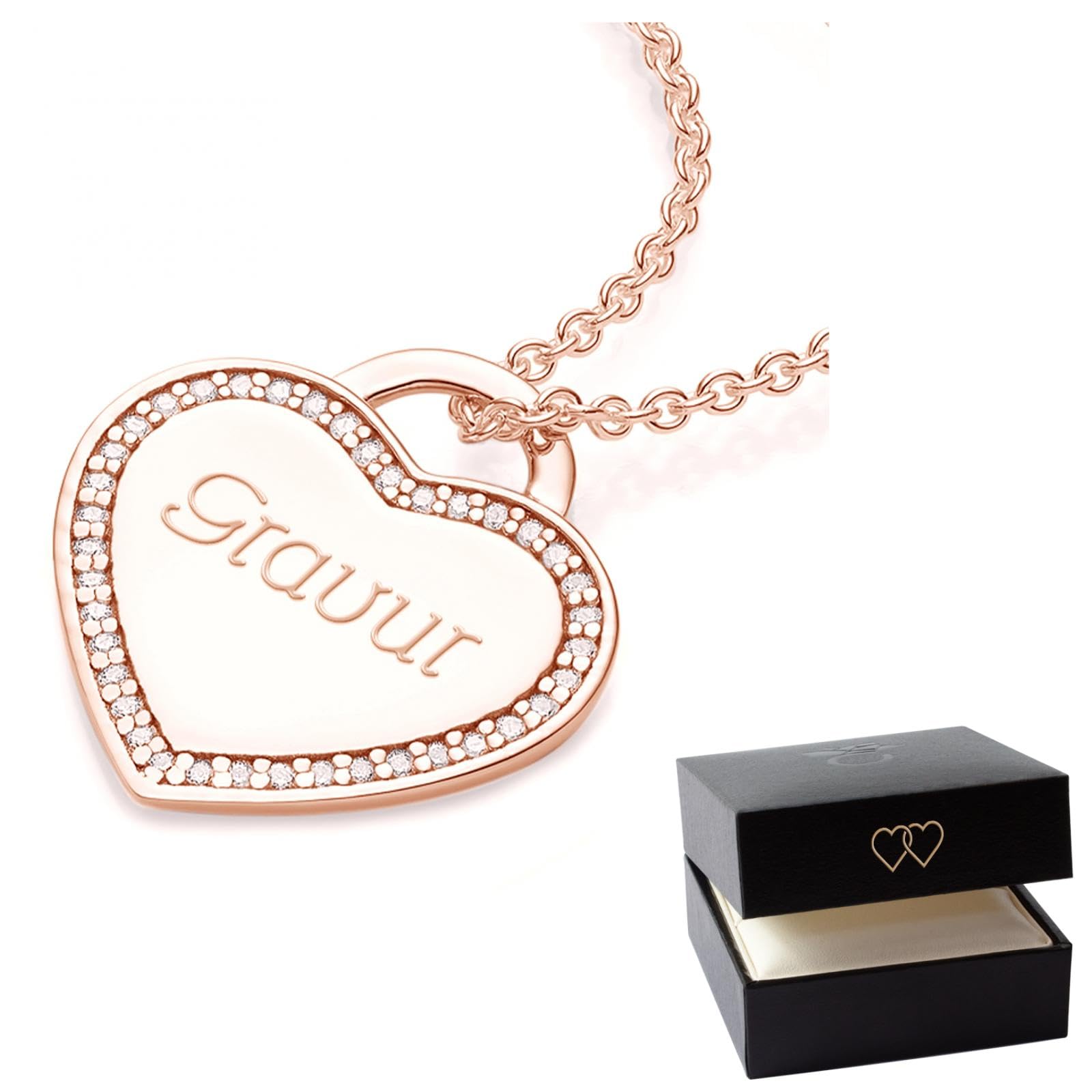 Amour Herzkette mit Gravur (Rosegold-Silber 925 hochwertig vergoldet) inkl. Luxusetui + Kettenanhänger