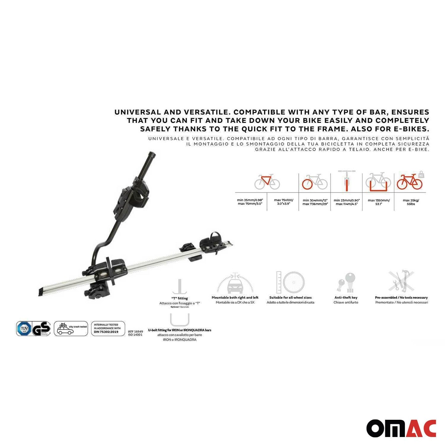 OMAC Farad P-Style Dachfahrradträger für Fahrräder bis 25kg | TÜV, Stahl