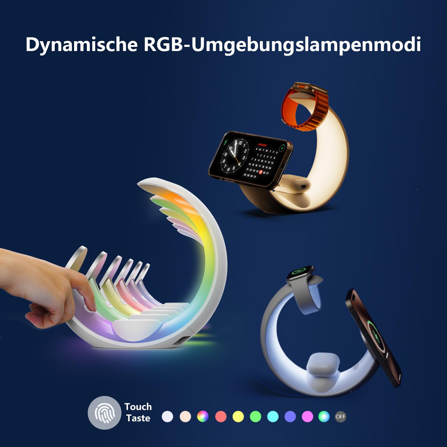 3-in-1 Ladestation mit RGB-Licht für iPhone, Watch & AirPods