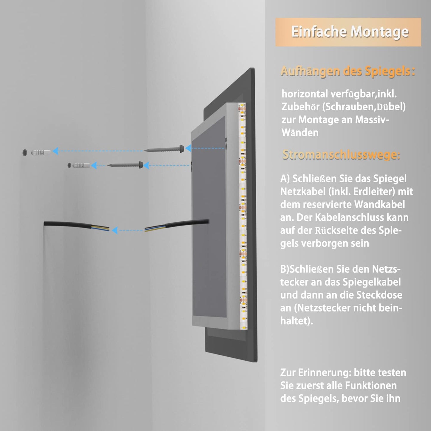 LED bathroom mirror (160×80cm) with Bluetooth & memory touch switch: Dimmable, anti-fog