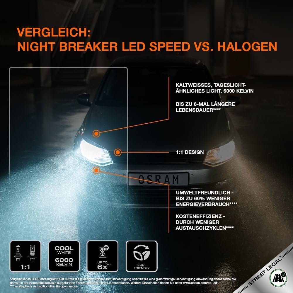 OSRAM Night Breaker (LED-Speed H7): Fern- und Abblendlicht mit Straßenzulassung, 6000K