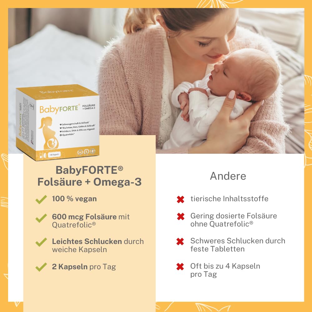 BabyFORTE Schwangerschafts-Vitamine | 180 vegane Kapseln mit Folsäure, DHA, EPA, Jod & Co