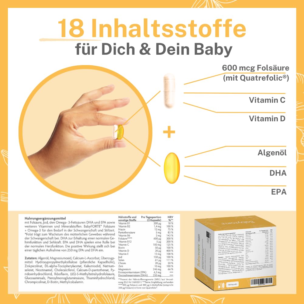 BabyFORTE Schwangerschafts-Vitamine | 180 vegane Kapseln mit Folsäure, DHA, EPA, Jod & Co