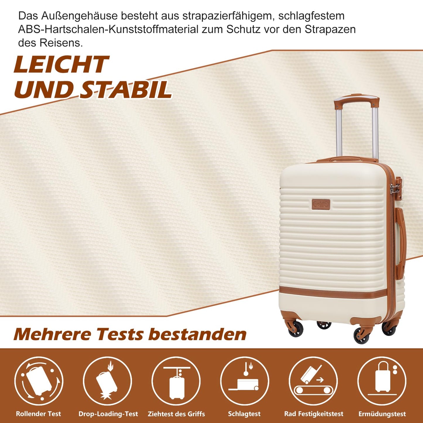 COOLIFE hard-shell travel suitcase set (5 pieces): ABS, 4 wheels, TSA lock | White-brown