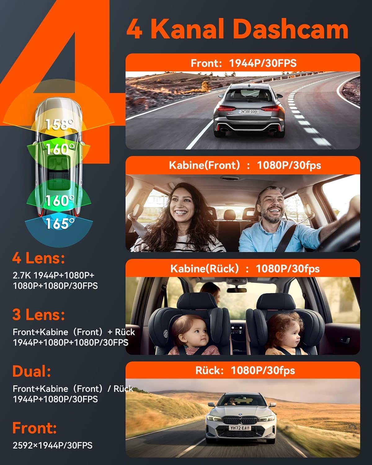 VANTRUE N5 Auto-Dashcam mit Nachtsicht: 4 Kanal, 2.7K, WiFi, 1080P, HDR+, GPS