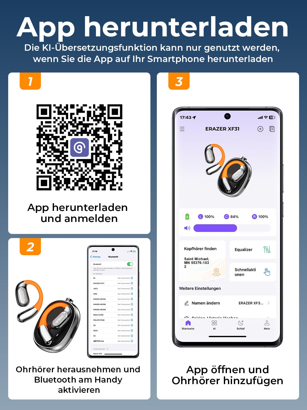 KI 3-in-1 Übersetzungskopfhörer mit 150 Sprachen, 5 Übersetzungsmodi: Echtzeit-Übersetzer mit APP