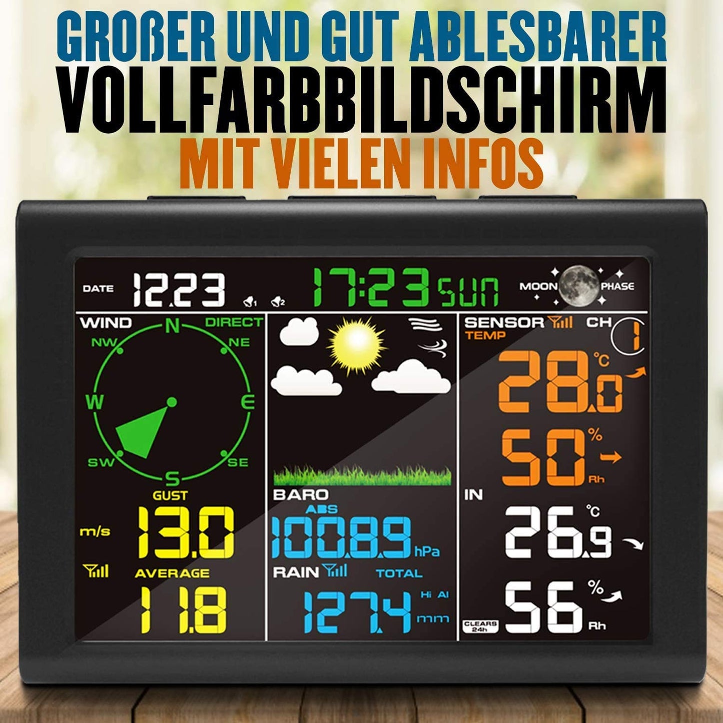 Sainlogic 9-in-1 Funk-Wetterstation mit Außensensor: Hygrometer, Mondphase