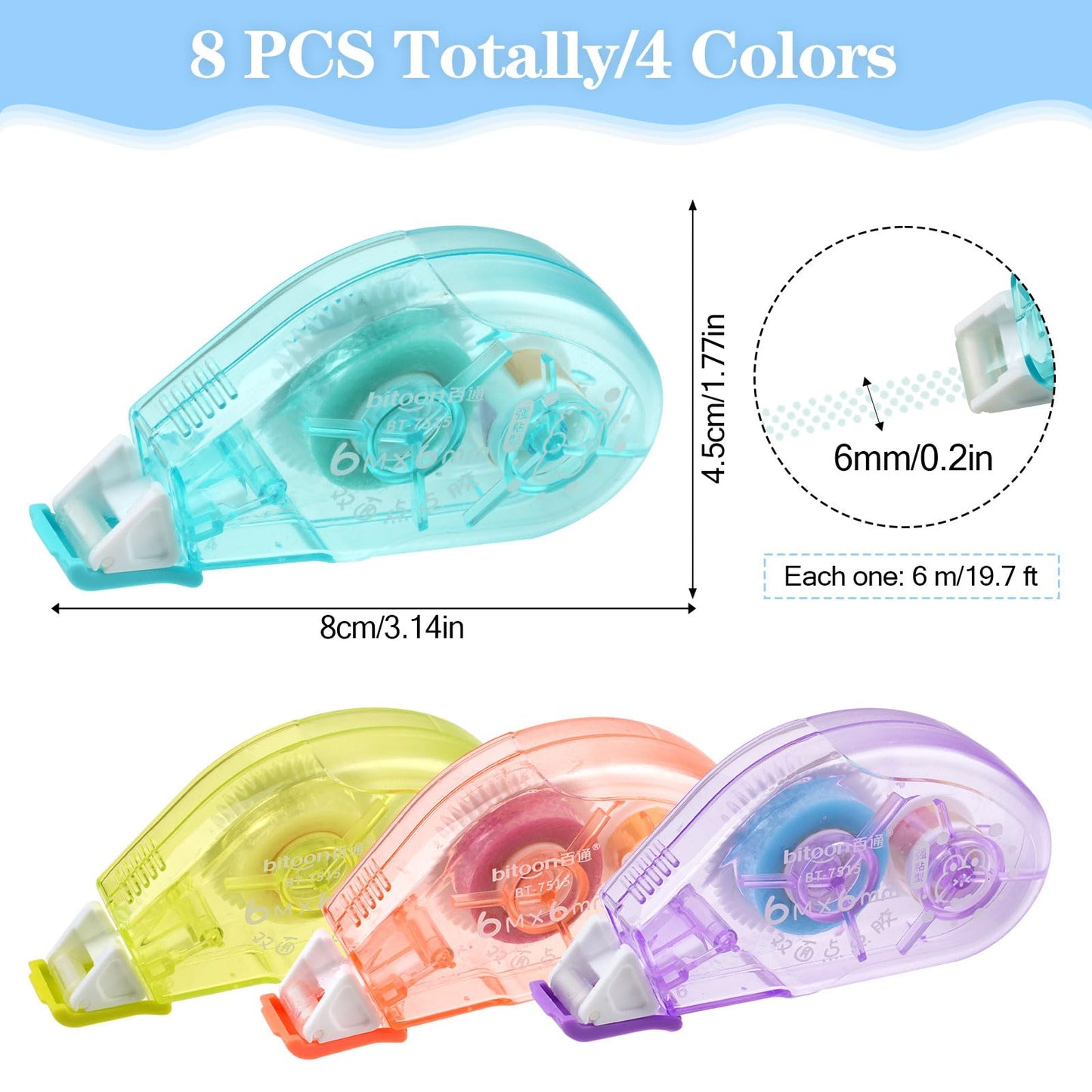 Double-sided adhesive roller set for crafts, school and office (8 pieces - 4 colors)