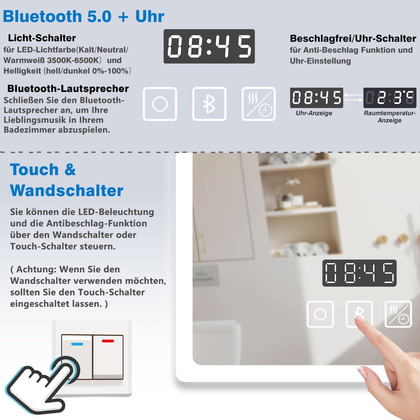 LED bathroom mirror (160×80cm) with Bluetooth & memory touch switch: Dimmable, anti-fog