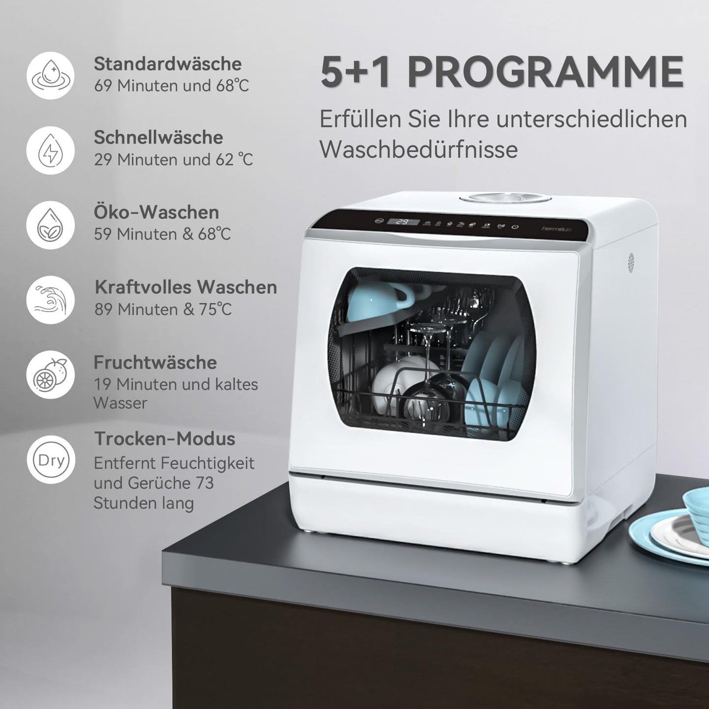 Hermitlux Mini-Geschirrspüler für 4 Bestecksätze, 5 Liter Wassertank, 6 Programme