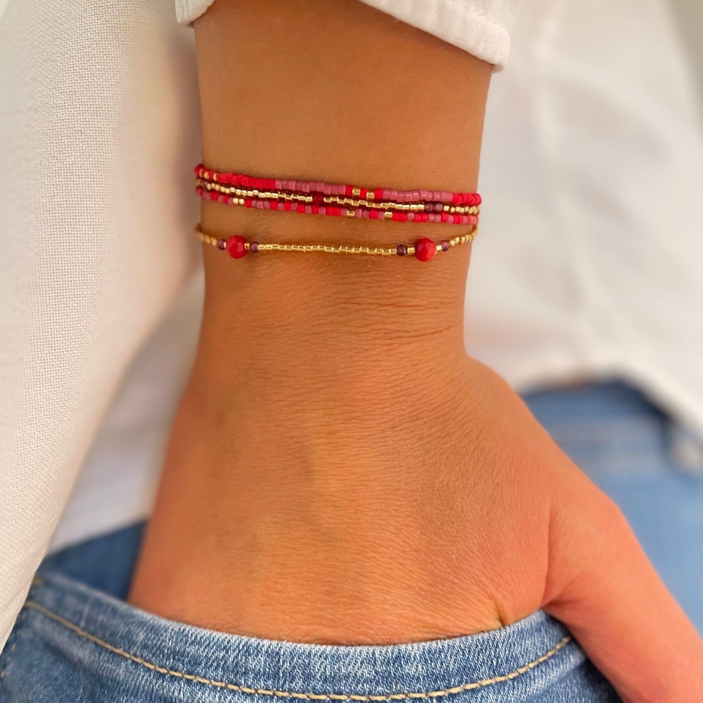 happymaker Damen Perlenarmband mit echten Edelsteinen, Amethyst und roter Jaspis