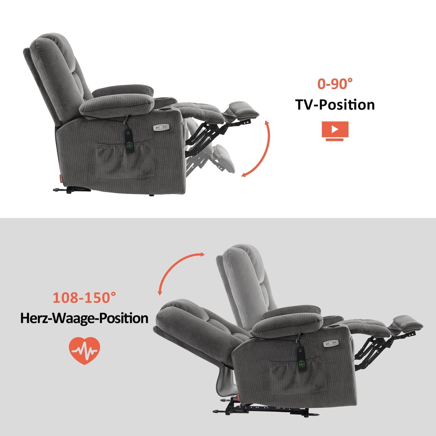 M MCombo Fernseh- Relaxsessel (7008) mit Liege-, Massage und Wärmefunktion: Elektrisch verstellbar, USB & Getränkehalter in Grau