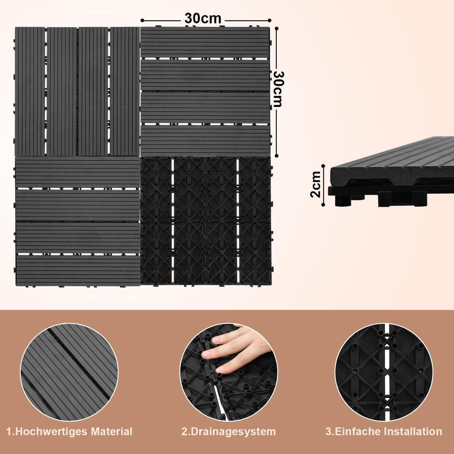11er-Set WPC Terrassenfliesen für 1m² (30x30cm): Balkon-Klickfliesen mit Drainage | Wasserfest, Korrosionsbeständig