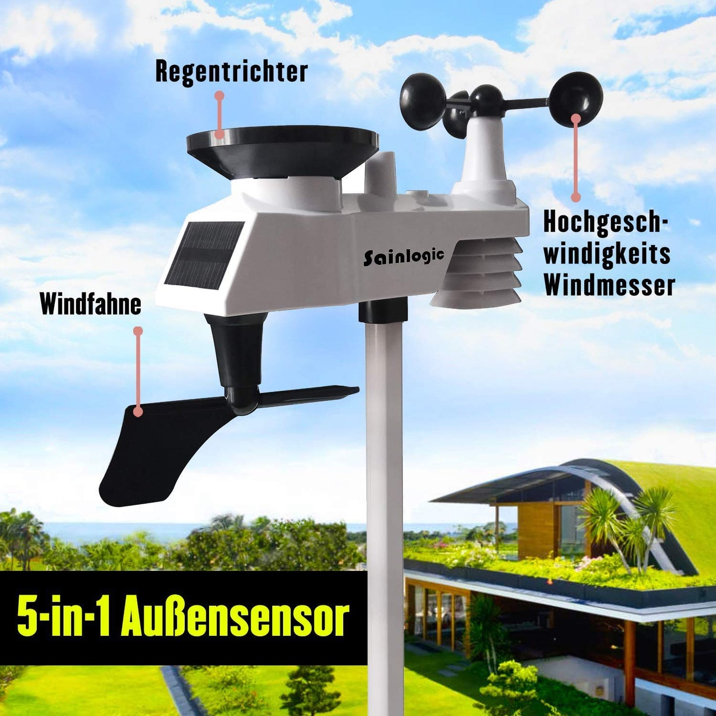 Sainlogic 9-in-1 Funk-Wetterstation mit Außensensor: Hygrometer, Mondphase