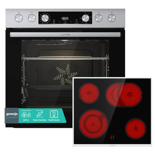 Gorenje Heißluft-Einbauherd-Set Inox (77L BigSpace): Glaskeramikkochfeld, AquaClea, PizzaMode, AirFry