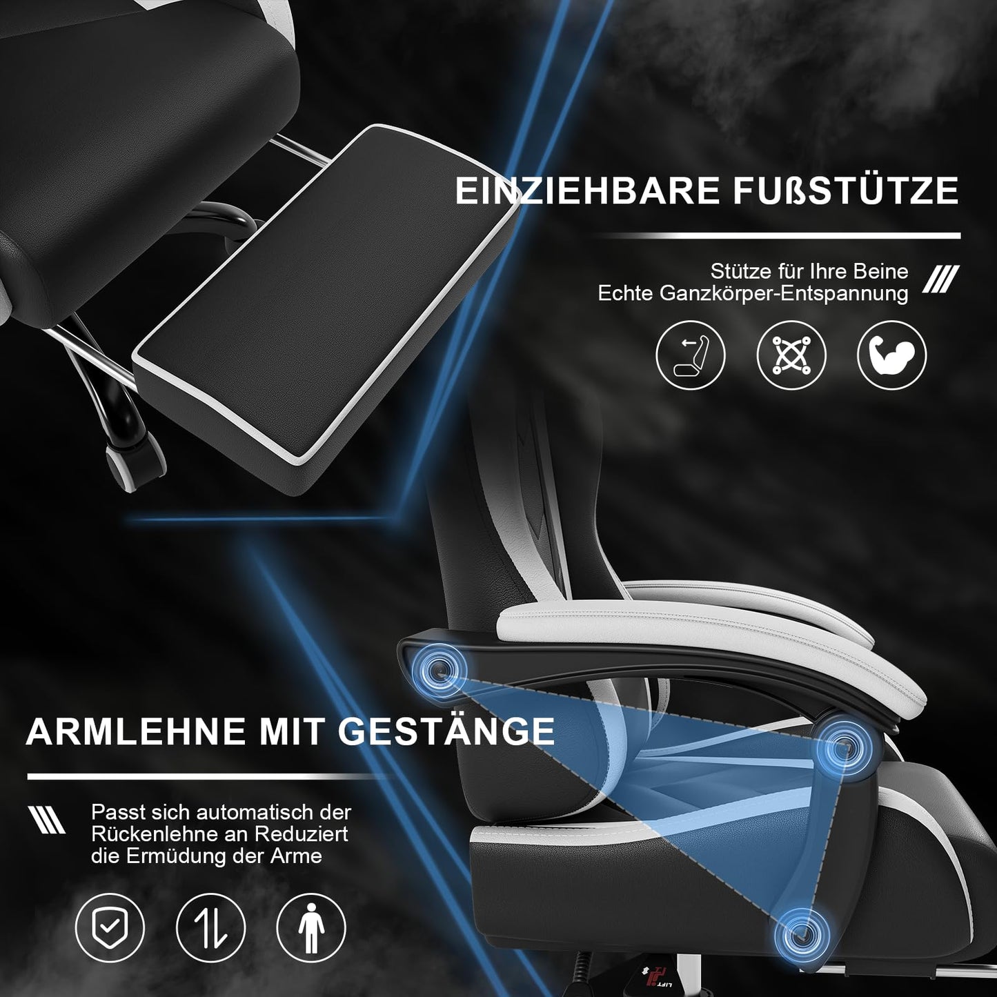 DEVOKO Ergonomischer Massage Gaming Stuhl mit Fußstütze (150kg Belastbarkeit, 360° drehbar)