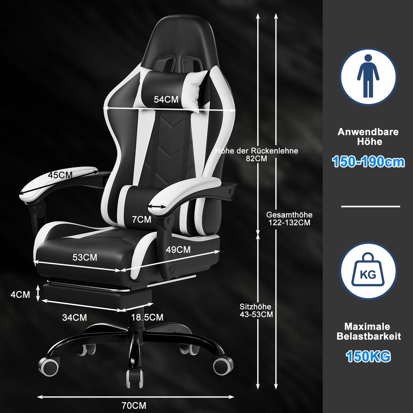 DEVOKO Ergonomischer Massage Gaming Stuhl mit Fußstütze (150kg Belastbarkeit, 360° drehbar)