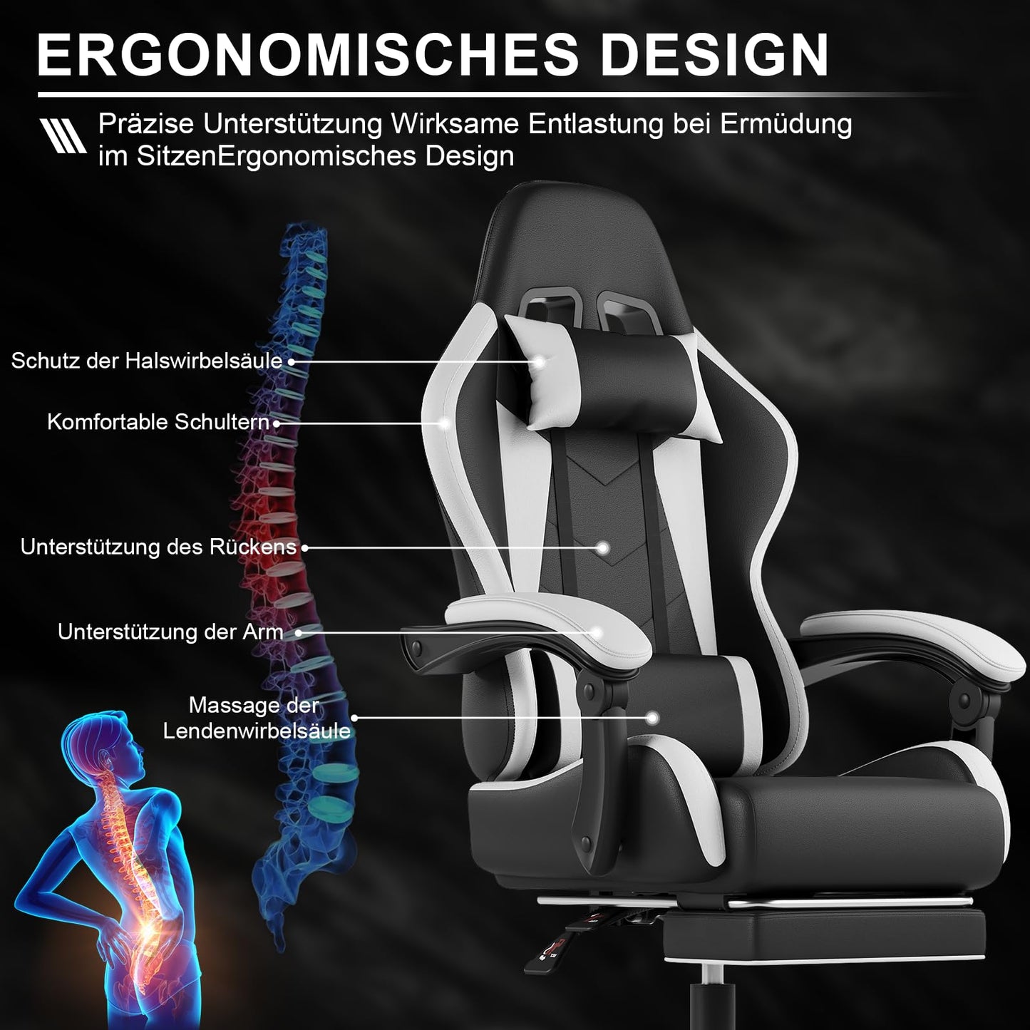 DEVOKO Ergonomischer Massage Gaming Stuhl mit Fußstütze (150kg Belastbarkeit, 360° drehbar)
