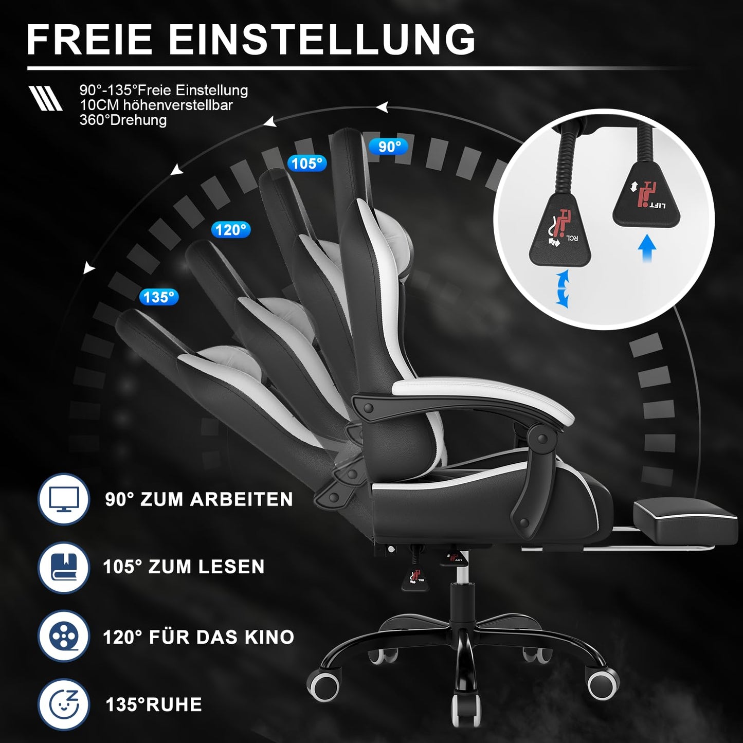 DEVOKO Ergonomischer Massage Gaming Stuhl mit Fußstütze (150kg Belastbarkeit, 360° drehbar)