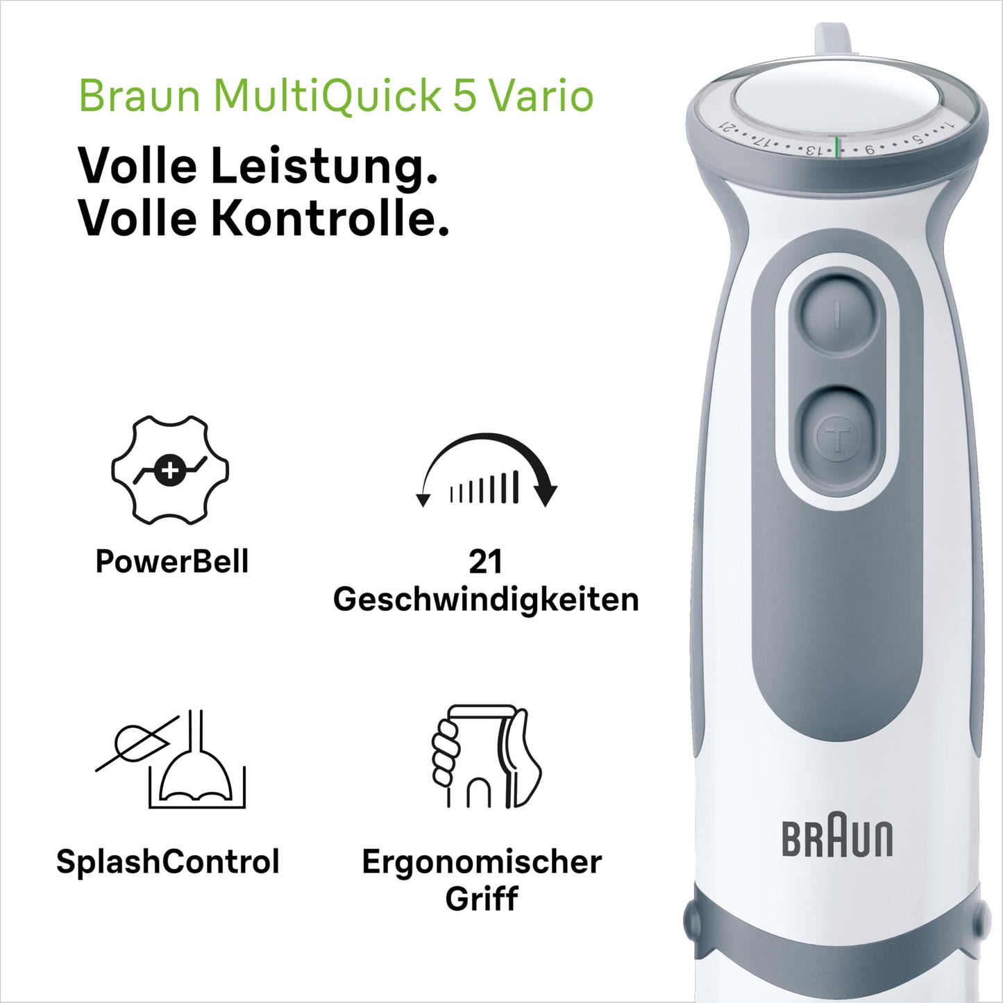 Braun Stabmixer (MQ 5235WH) mit Edelstahl Mixfuß: 1000 Watt, inkl. 3-teiligem Zubehör-Set