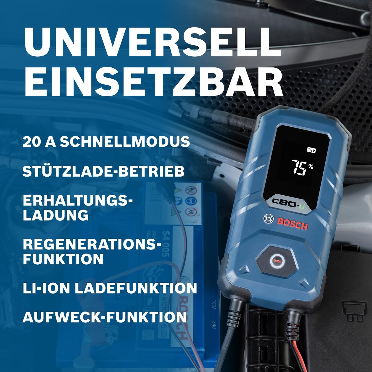 Bosch (C80-Li) Autobatterie-Ladegerät mit Erhaltungsladungs-Funktion für 6V-12V