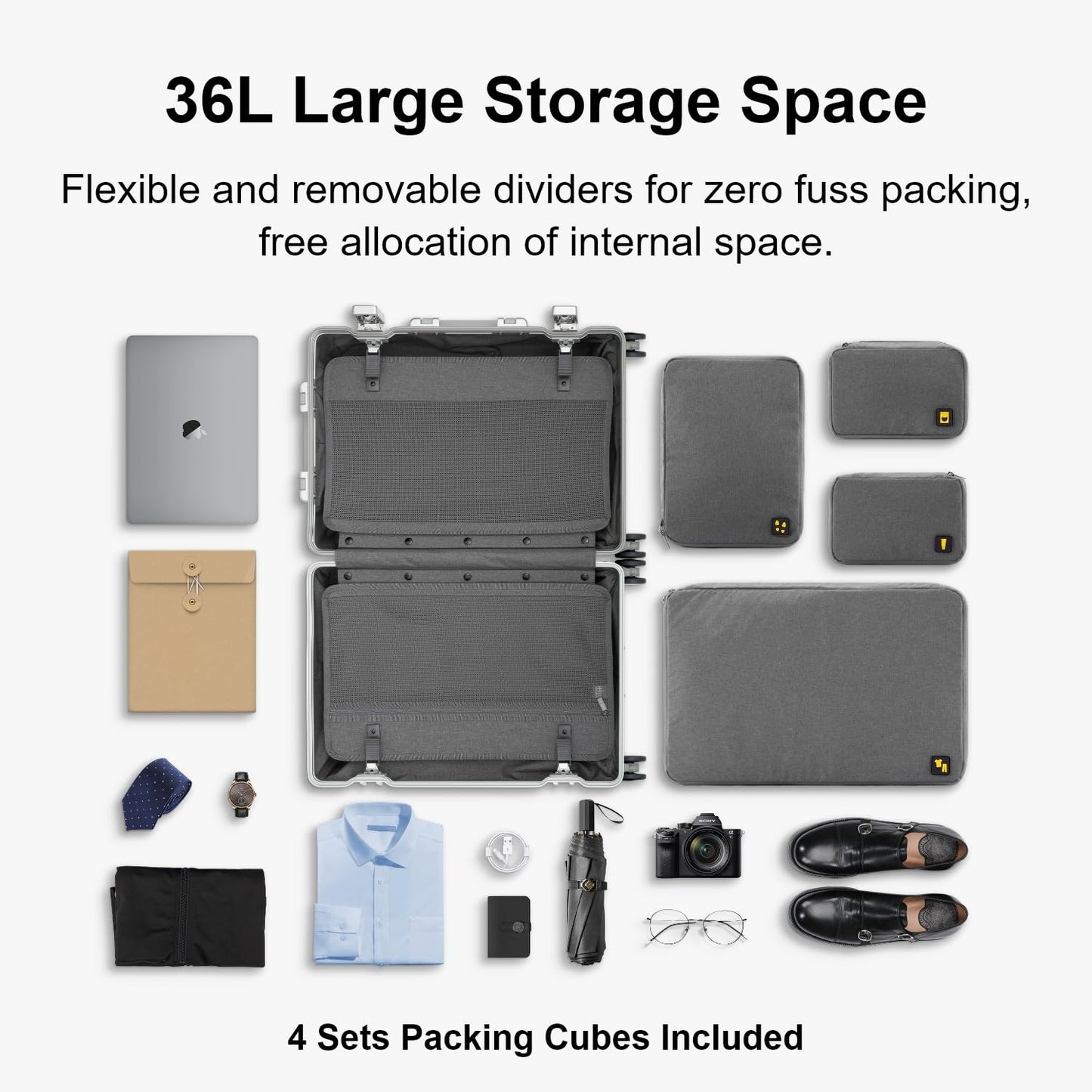 LEVEL8 Hartschalen Aluminum-Reisekoffer mit Doppelte TSA-Schloss (55cm - 35 Liter): Silber