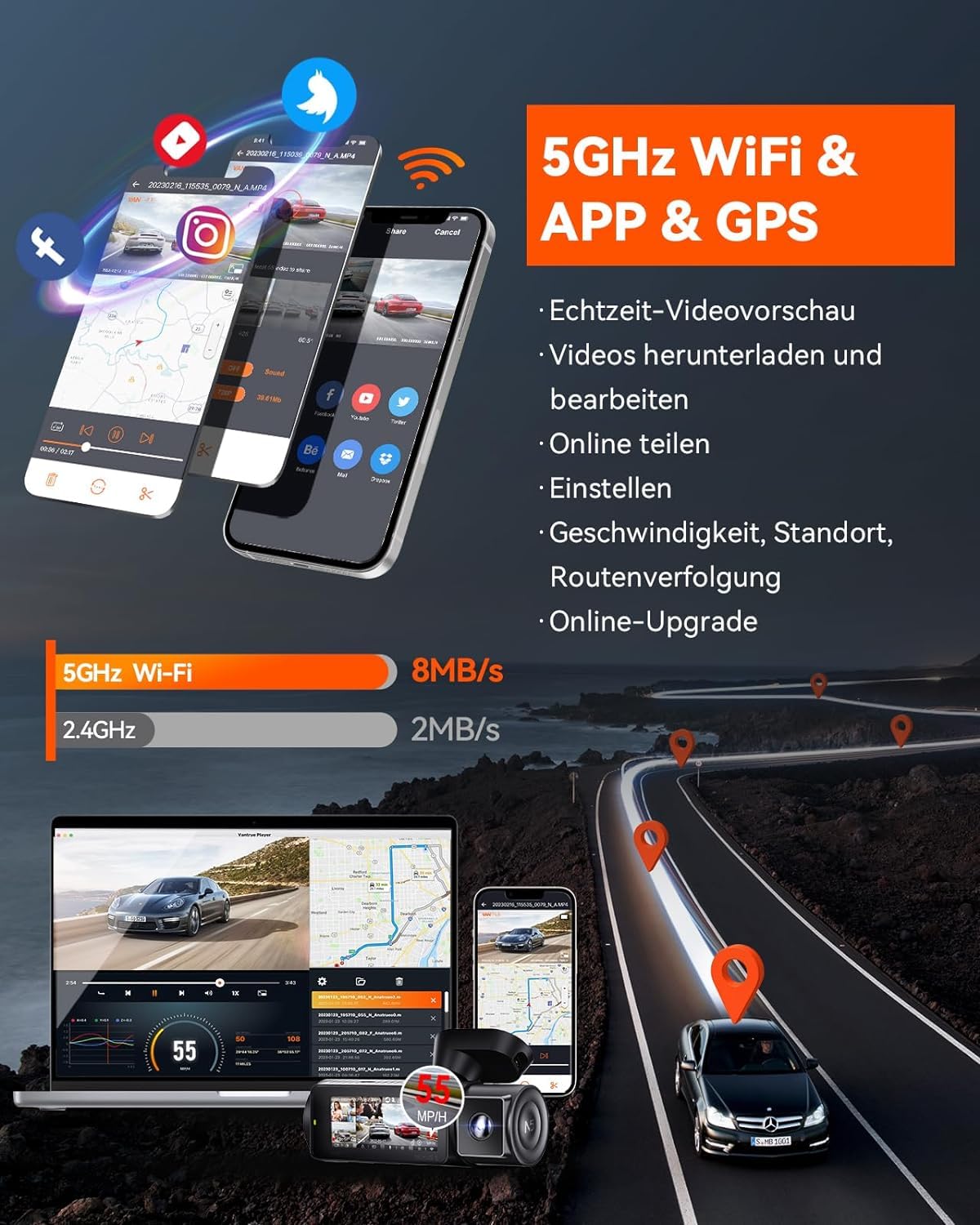 VANTRUE N5 Auto-Dashcam mit Nachtsicht: 4 Kanal, 2.7K, WiFi, 1080P, HDR+, GPS