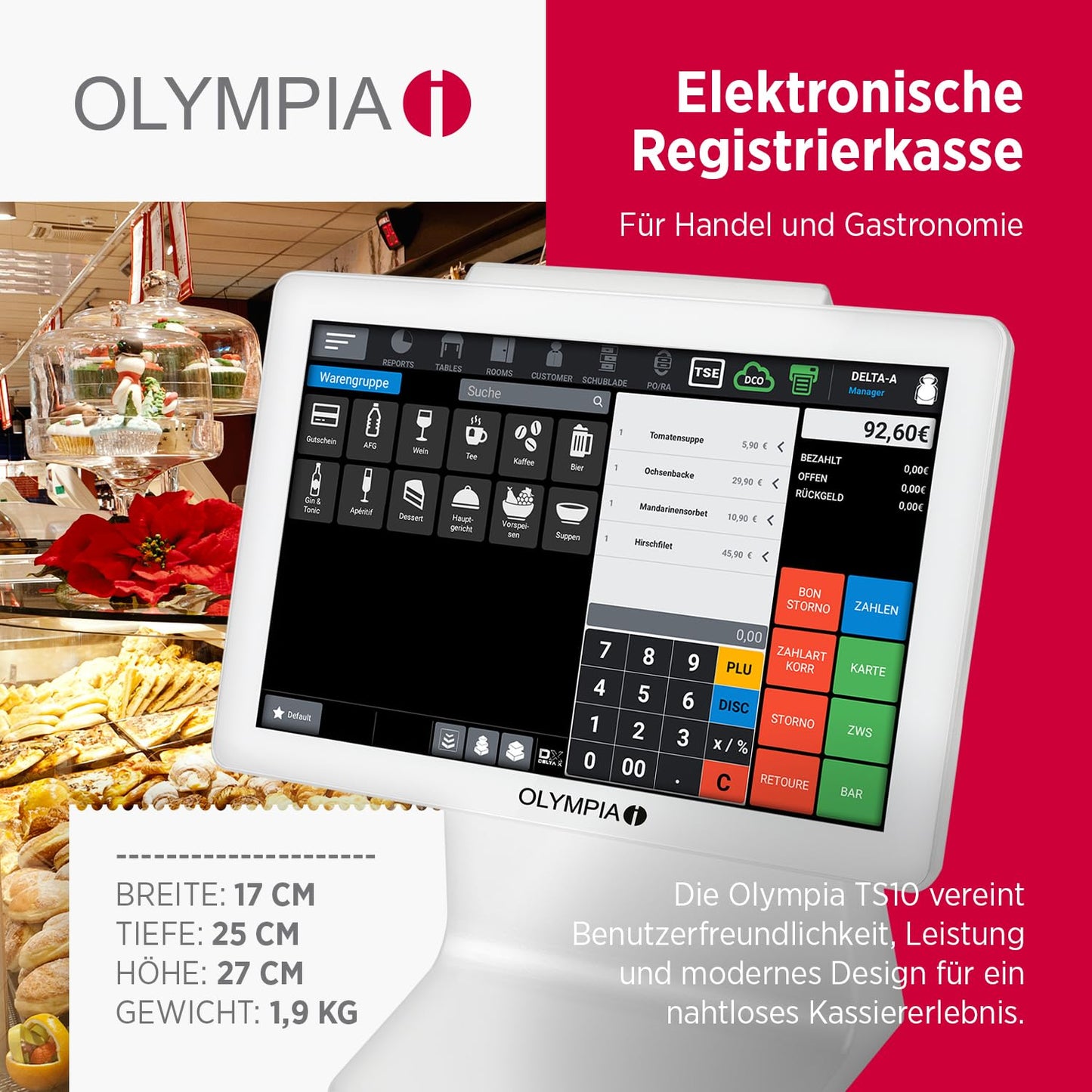Olympia TS10 touchscreen POS system for restaurants and retail: scanner, customer display
