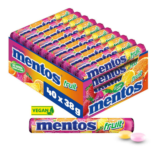 Mentos Fruit Dragees, Frucht-Bonbons mit Orange, Zitrone, Erdbeere, Kaubonbons mit fruchtigem Geschmack, Süßigkeiten Multipack (40 Rollen), vegan