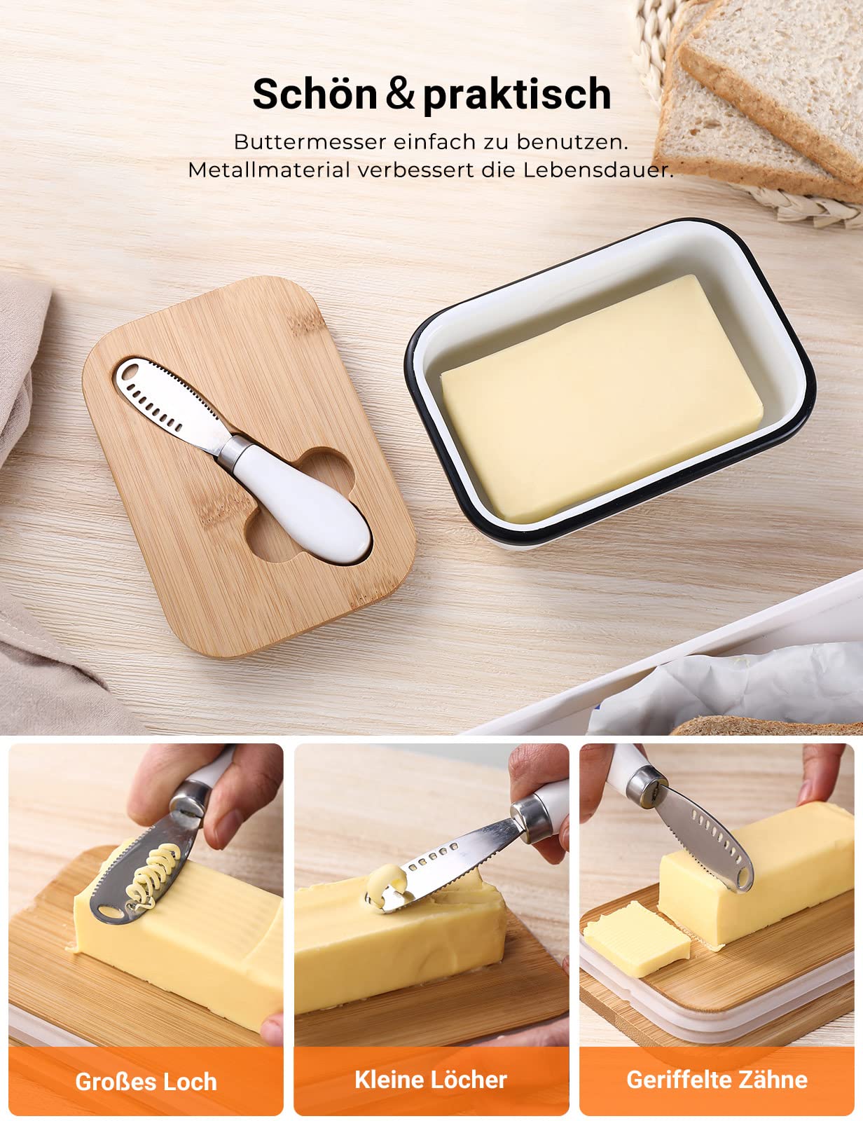 Butterdose mit Holzdeckel für 250g Butter mit multifunktionales Buttermesser