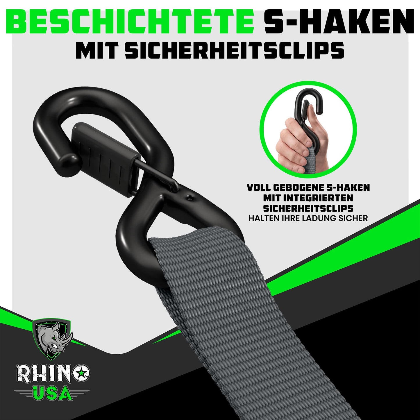 Rhino USA Spanngurte mit Ratsche und Haken (4er Pack): 2000kg Reißfestigkeit in Grau