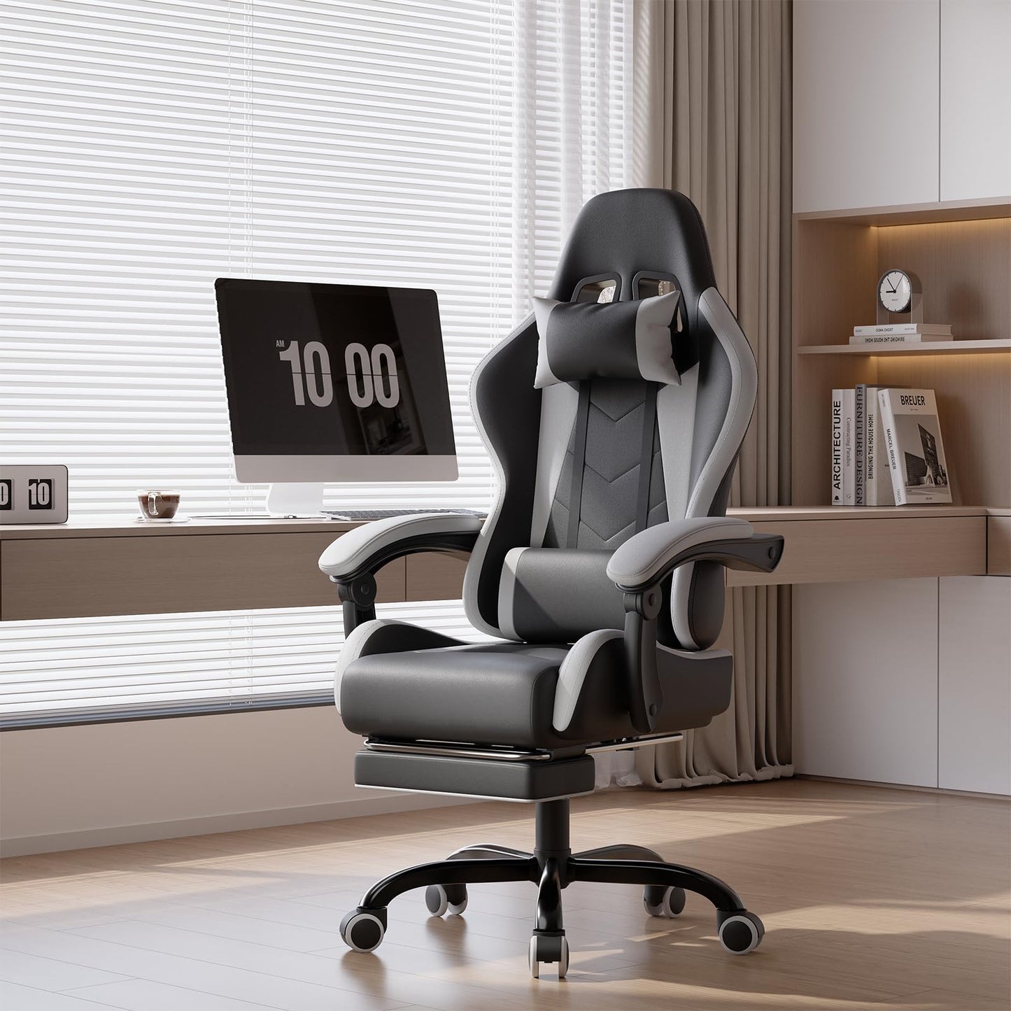 DEVOKO Ergonomischer Massage Gaming Stuhl mit Fußstütze (150kg Belastbarkeit, 360° drehbar)