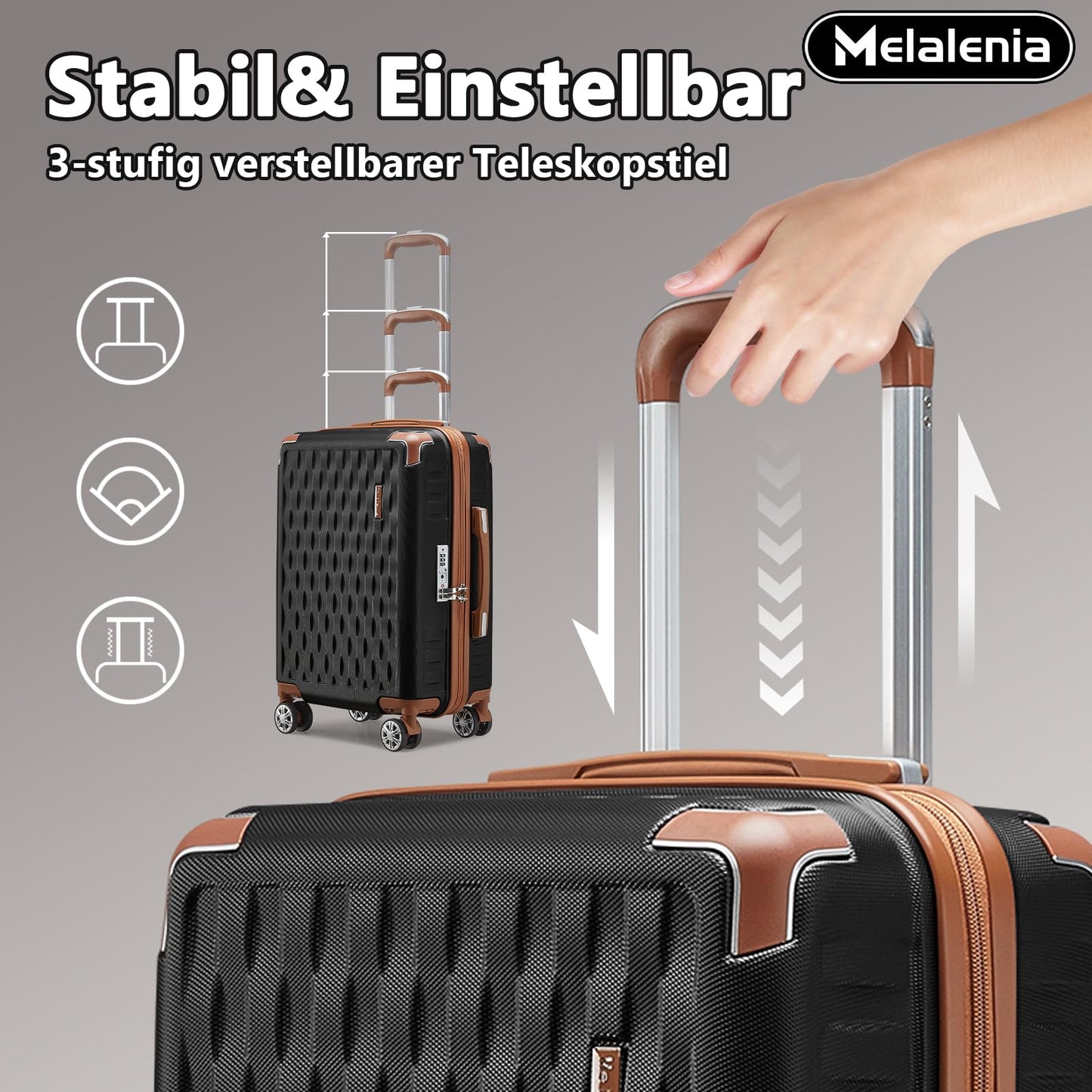 MELALENIA Hartschalen Reisekoffer-Set (7-teilig): Super-Leicht, TSA-Schloss | Schwarz