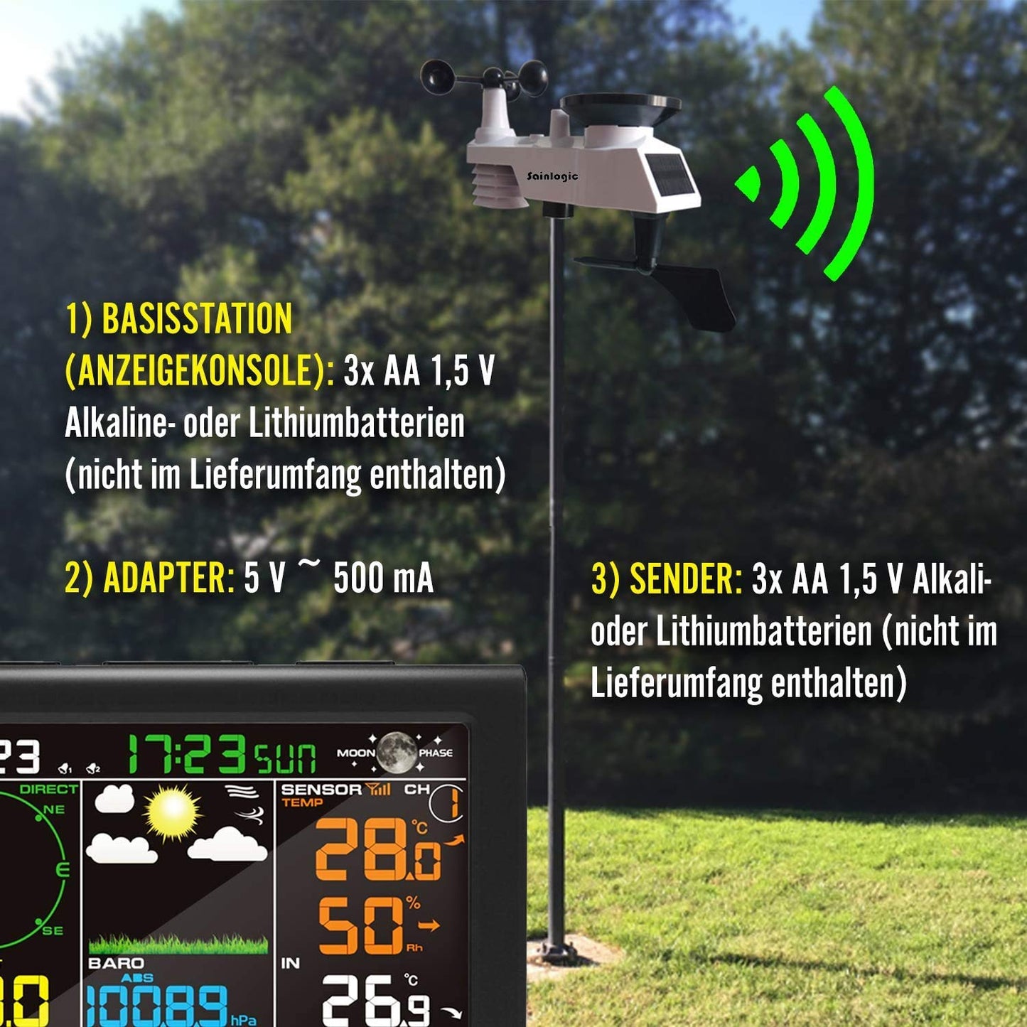 Sainlogic 9-in-1 Funk-Wetterstation mit Außensensor: Hygrometer, Mondphase