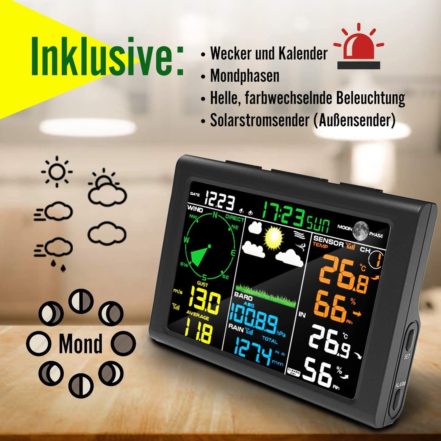 Sainlogic 9-in-1 Funk-Wetterstation mit Außensensor: Hygrometer, Mondphase