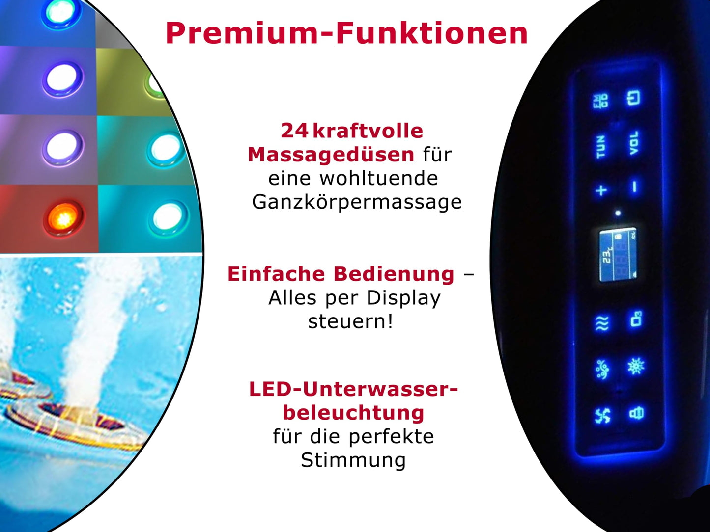 Luxus Whirlpool Badewanne Relax Profi in Schwarz mit Armaturen: Made in Germany, LED, Bluetooth