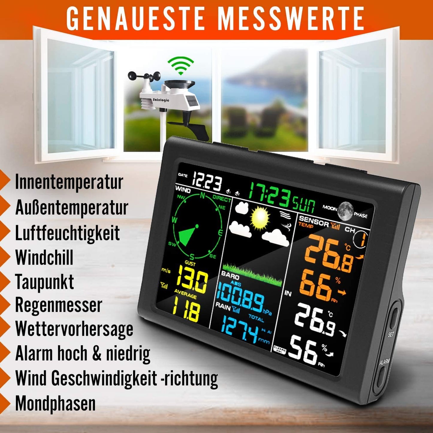 Sainlogic 9-in-1 Funk-Wetterstation mit Außensensor: Hygrometer, Mondphase