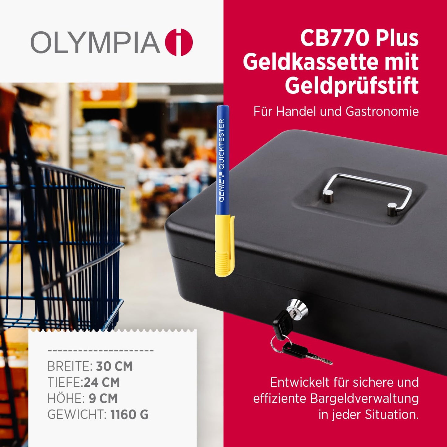 Olympia (6031 CB 770 Plus) cashbox: Lockable with key & coin counting board including counterfeit detector
