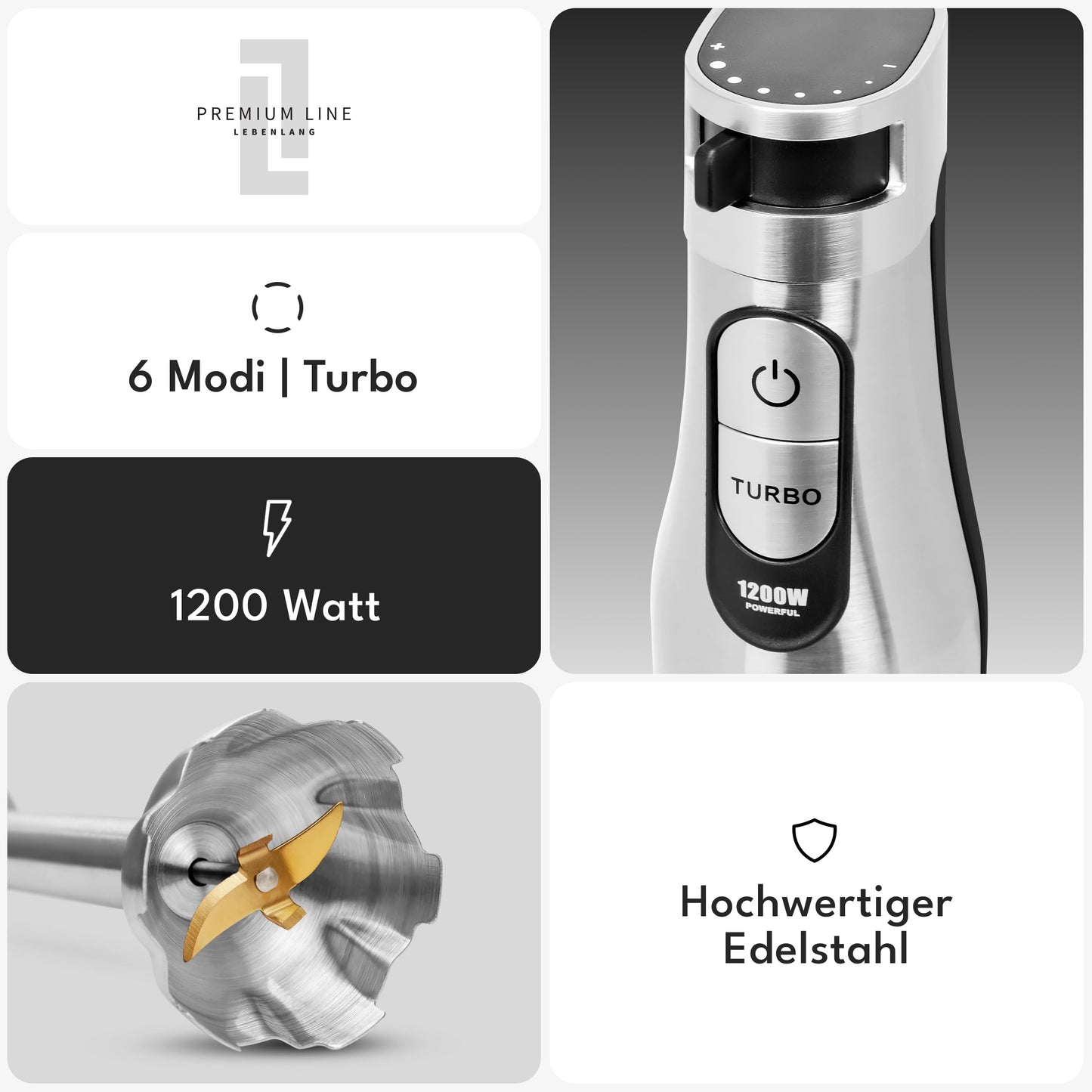 LEBENLANG Premium  Stabmixer Set (1200W) inkl. 5x Zubehör & Spritzschutz