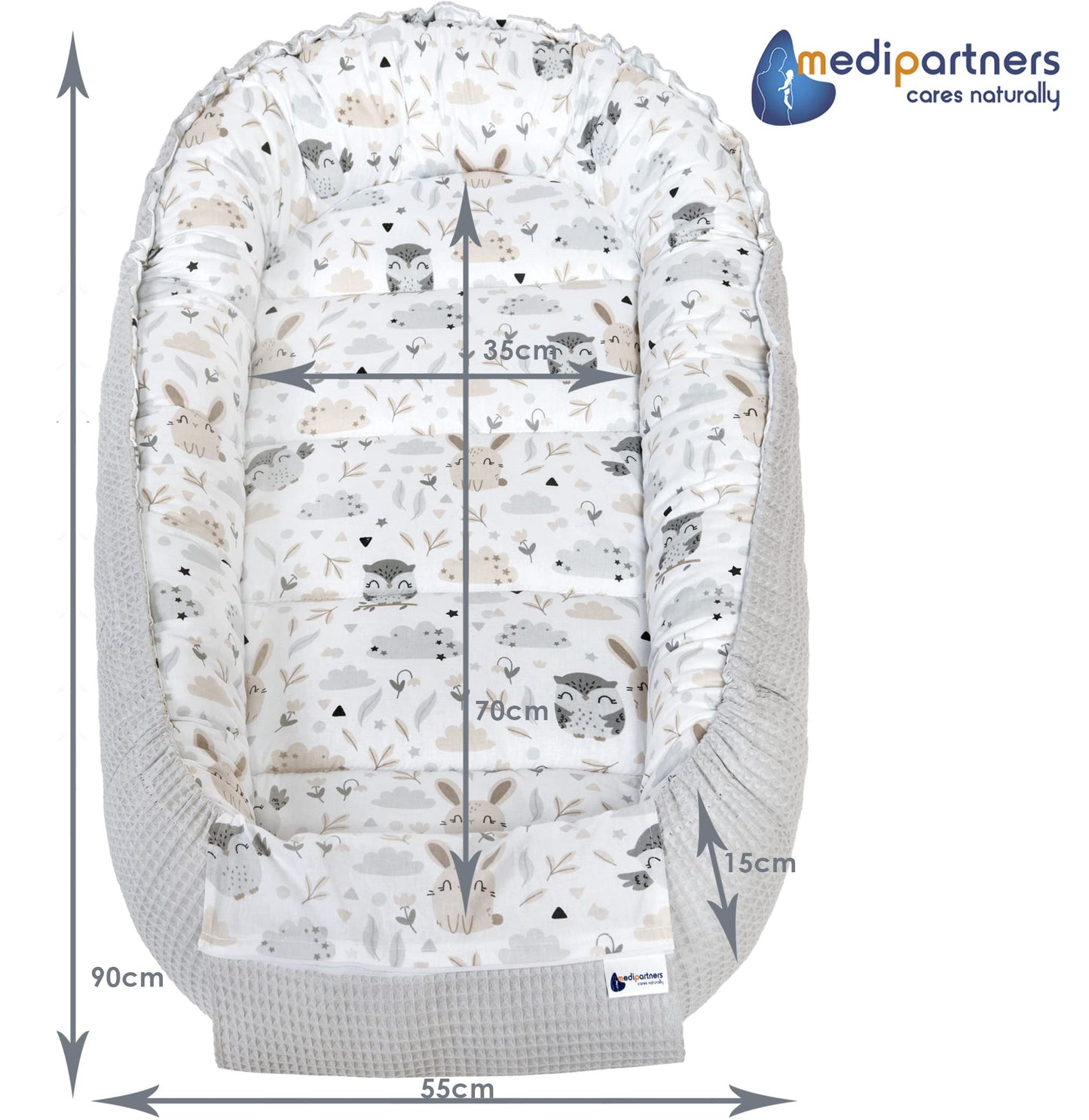 Medi Partners Baby-Nestchen für Neugeborene aus 100% Baumwolle (100x60x15cm): Eulen-Motiv