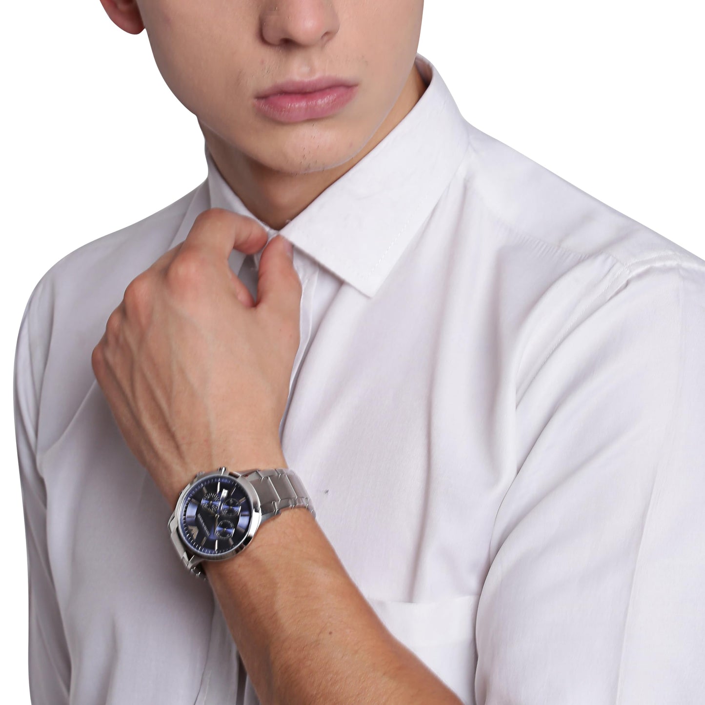 Emporio Armani 'AR2448' Chronographenwerk Herrenuhr (43mm): Silber-Edelstahlarmband