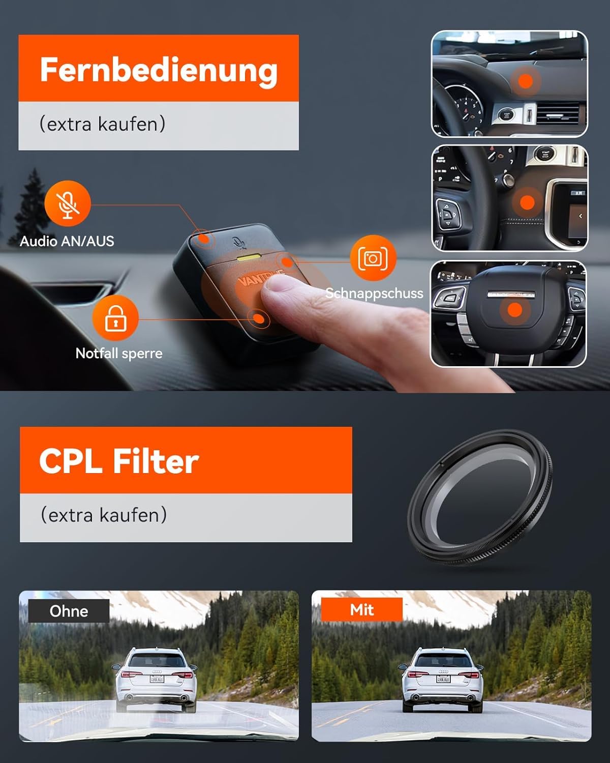 VANTRUE N5 Auto-Dashcam mit Nachtsicht: 4 Kanal, 2.7K, WiFi, 1080P, HDR+, GPS