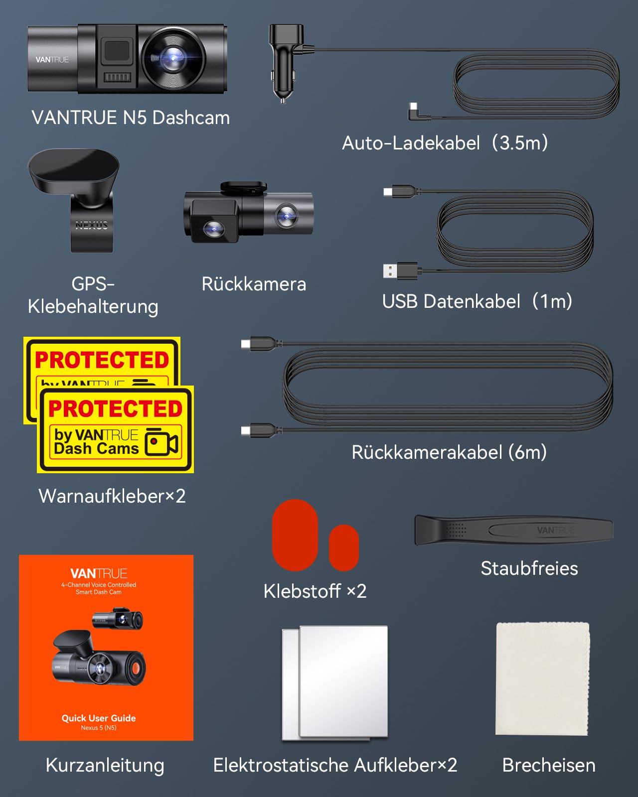 VANTRUE N5 Auto-Dashcam mit Nachtsicht: 4 Kanal, 2.7K, WiFi, 1080P, HDR+, GPS